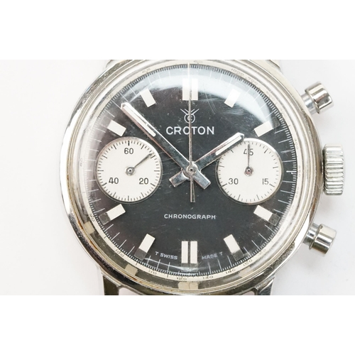 291 - Croton mid 20th Century chronograph wrist watch with reverse panda dial having a black face with two... 