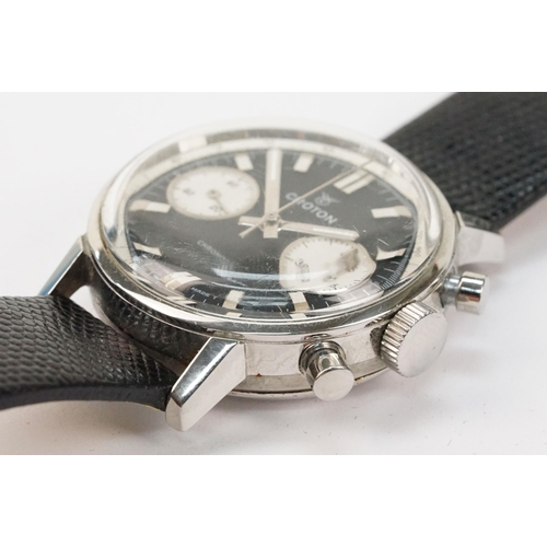 291 - Croton mid 20th Century chronograph wrist watch with reverse panda dial having a black face with two... 