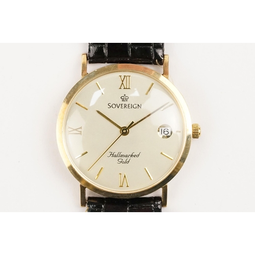 298 - 9ct gold Sovereign wrist watch having a round face with roman numerals to the chapter ring and date ... 