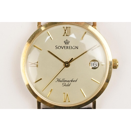 298 - 9ct gold Sovereign wrist watch having a round face with roman numerals to the chapter ring and date ... 