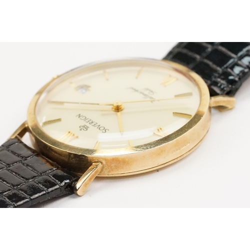 298 - 9ct gold Sovereign wrist watch having a round face with roman numerals to the chapter ring and date ... 