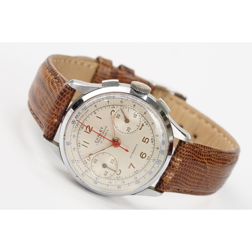 300 - Chalet chronograph mid 20th Century wrist watch having a white dial with gilt arabic numerals to the... 