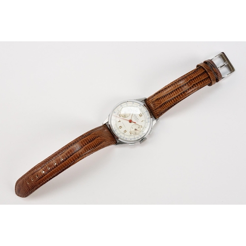 300 - Chalet chronograph mid 20th Century wrist watch having a white dial with gilt arabic numerals to the... 