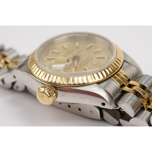 305 - Rolex oyster perpetual datejust wristwatch having a gilt face with baton markers to the chapter ring... 