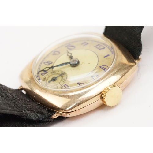 314 - Art Deco 9ct gold wrist watch having a round face with arabic numerals to the chapter ring within a ... 