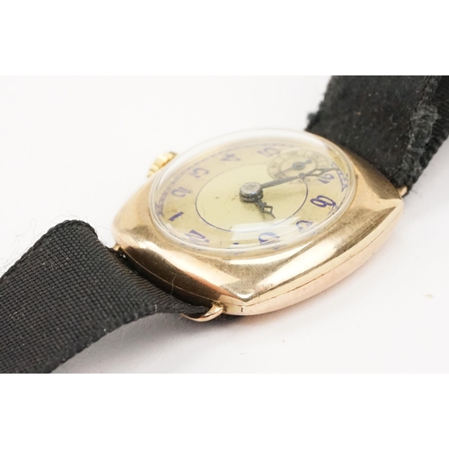 314 - Art Deco 9ct gold wrist watch having a round face with arabic numerals to the chapter ring within a ... 