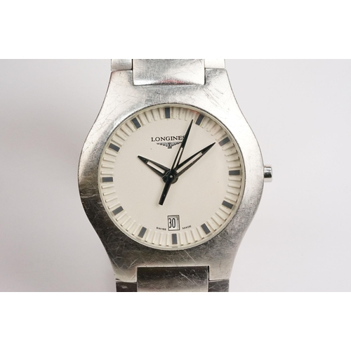 316 - Longines stainless steel wrist watch having a round face with white dial, baton markings to the chap... 