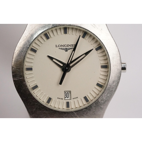 316 - Longines stainless steel wrist watch having a round face with white dial, baton markings to the chap... 