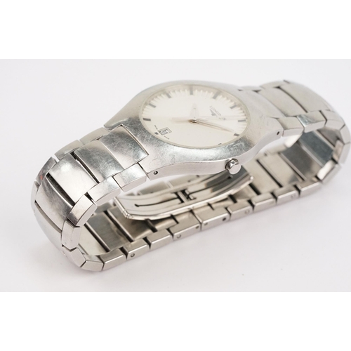 316 - Longines stainless steel wrist watch having a round face with white dial, baton markings to the chap... 