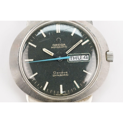 320 - Omega automatic geneve dynamic stainless steel wrist watch. The watch having a round black face with... 