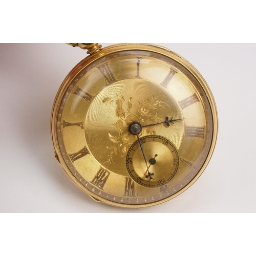 329 - 18ct gold open face pocket watch having a gilt face with engine turned and floral details and subsid... 