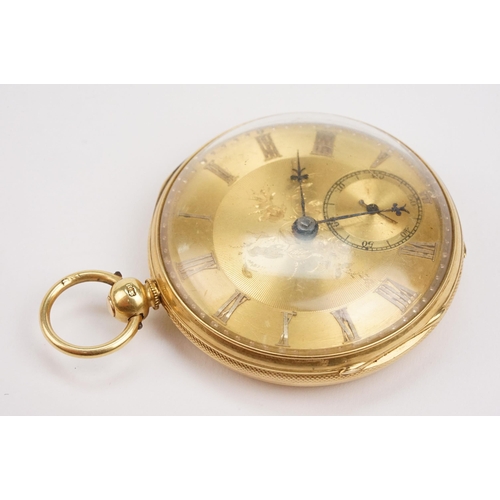 329 - 18ct gold open face pocket watch having a gilt face with engine turned and floral details and subsid... 