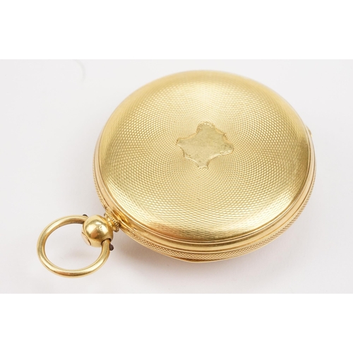 329 - 18ct gold open face pocket watch having a gilt face with engine turned and floral details and subsid... 