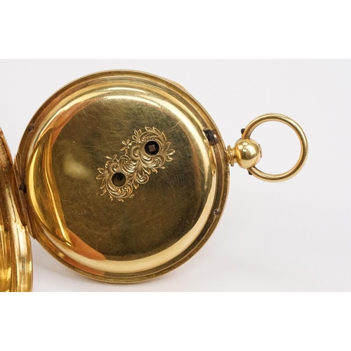 329 - 18ct gold open face pocket watch having a gilt face with engine turned and floral details and subsid... 