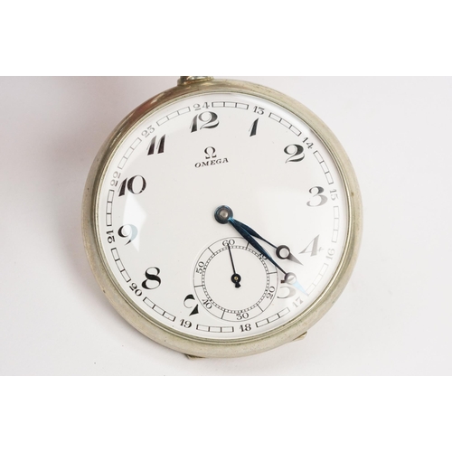 330 - Omega white metal open face pocket watch having a white enamelled face with arabic numerals to the c... 