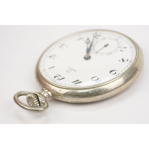 330 - Omega white metal open face pocket watch having a white enamelled face with arabic numerals to the c... 