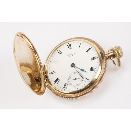 333 - 9ct gold Waltham full hunter pocket watch having a white enamelled face with roman numerals to the c... 