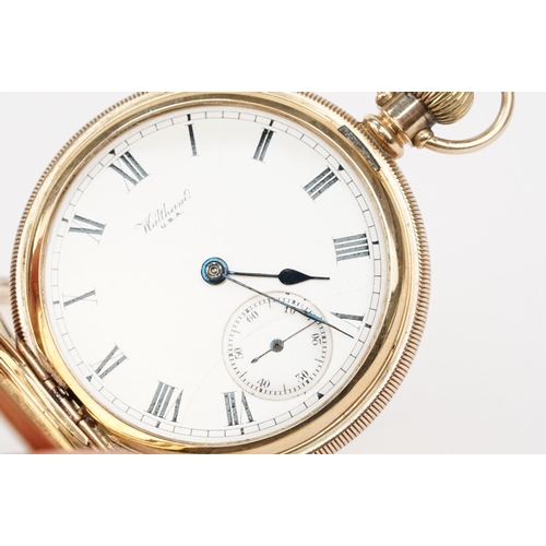 333 - 9ct gold Waltham full hunter pocket watch having a white enamelled face with roman numerals to the c... 