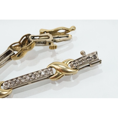 60 - 14ct gold two tone kiss link bracelet having diamond set bar links with a box clasp. Marked 14k to s... 