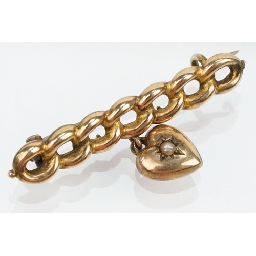 76 - 9ct gold curb link bar brooch with heart pendant together with a 9ct front and back heart locket. Br... 