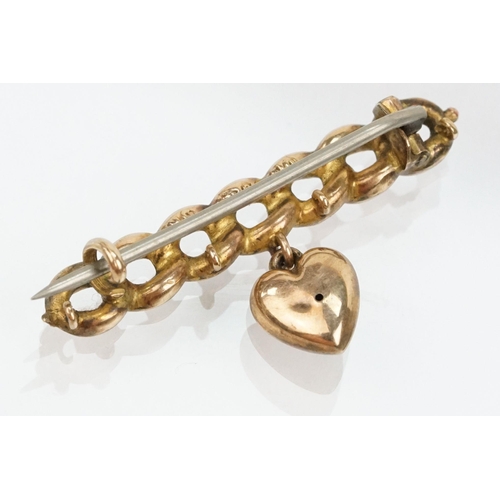 76 - 9ct gold curb link bar brooch with heart pendant together with a 9ct front and back heart locket. Br... 