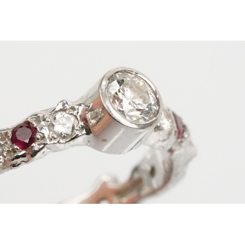 8 - Jane Watling 18ct white gold, diamond and ruby ring. The ring being bezel set with a round brilliant... 