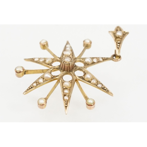 14 - Collection of antique 9ct gold jewellery to include a 9ct gold and pearl pendant (hallmarked Birming... 