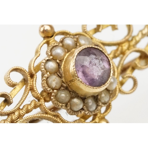 258 - 19th Century Victorian 9ct gold Etruscan revival amethyst brooch (marked 9ct to verso), together wit... 