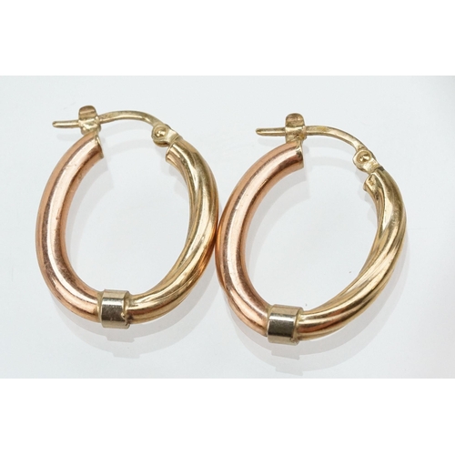 268 - Three pairs of 9ct gold hoop earrings to include a twist design hoops, two tone twist hoops and a pa... 