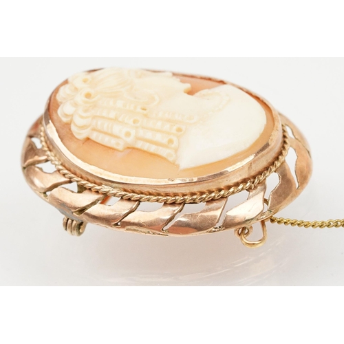 275 - 9ct gold cameo brooch having a carved shell cameo set within a pierced mount. Marked 9ct to verso. M... 