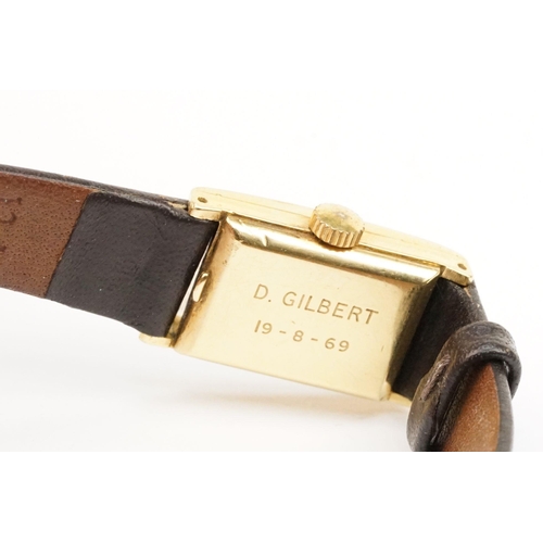 279 - Omega De Ville 18ct gold case ladies wrist watch having a rectangular face with baton markers to the... 