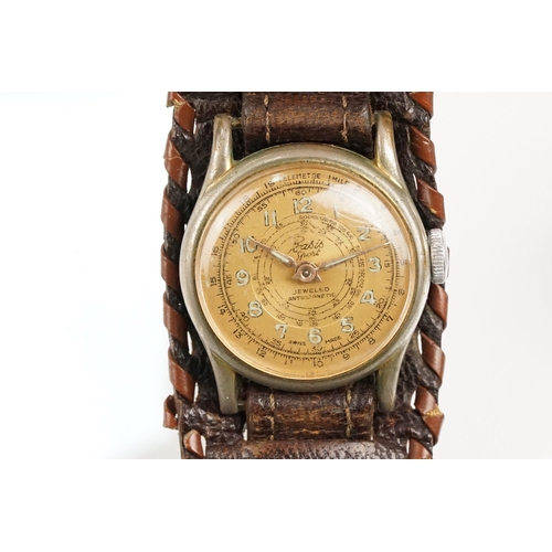 281 - Vintage mid 20th Century Basis Sport chronograph wrist watch with a gilt face and enamelled arabic n... 