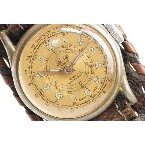 281 - Vintage mid 20th Century Basis Sport chronograph wrist watch with a gilt face and enamelled arabic n... 