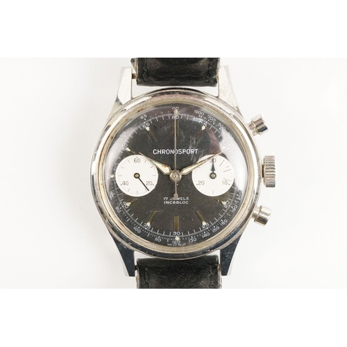 282 - Landeron Chronosport vintage wrist watch. The watch having a black face with silver baton markers to... 