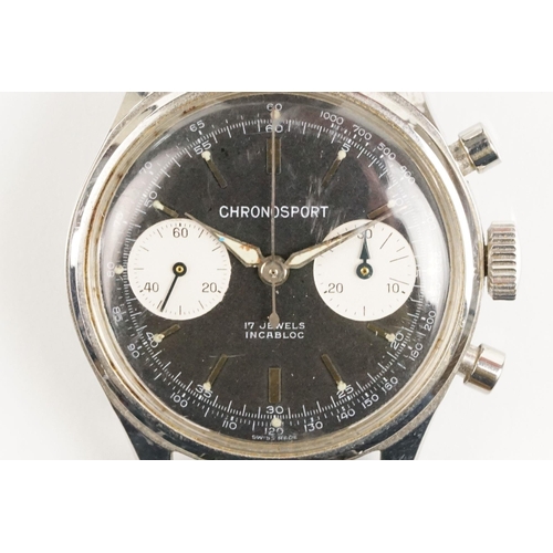 282 - Landeron Chronosport vintage wrist watch. The watch having a black face with silver baton markers to... 