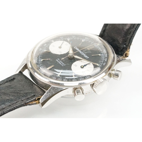 282 - Landeron Chronosport vintage wrist watch. The watch having a black face with silver baton markers to... 