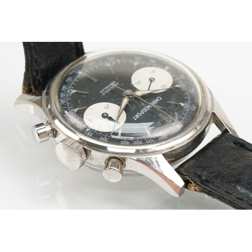 282 - Landeron Chronosport vintage wrist watch. The watch having a black face with silver baton markers to... 