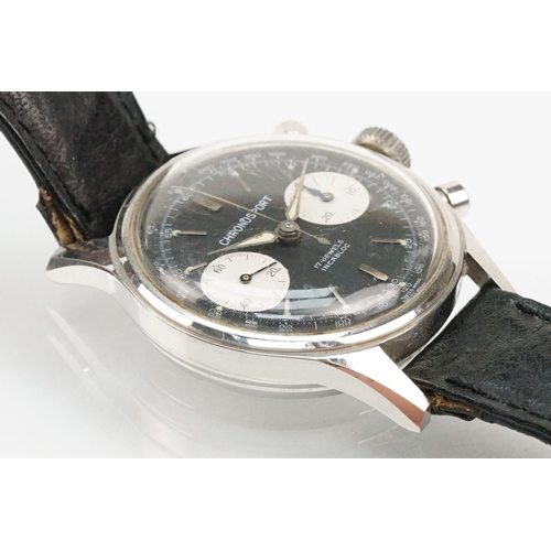 282 - Landeron Chronosport vintage wrist watch. The watch having a black face with silver baton markers to... 