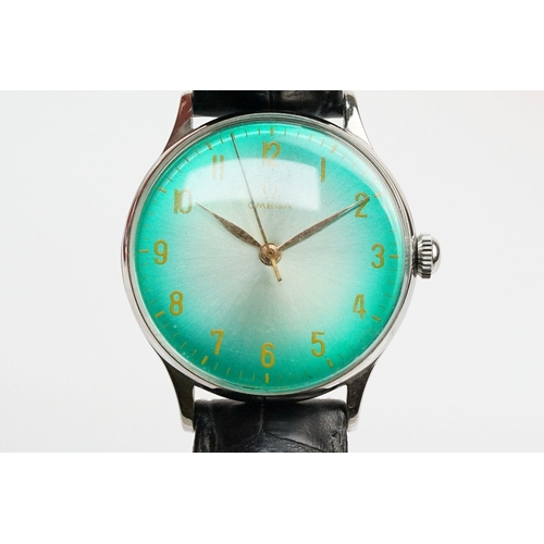 285 - Omega vintage wrist watch having a green dial with yellow arabic numerals to the chapter ring set wi... 