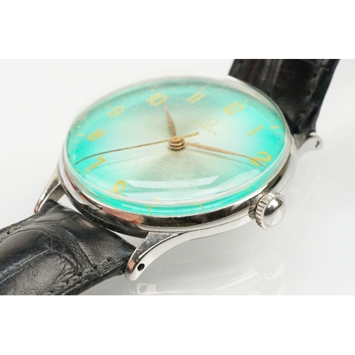 285 - Omega vintage wrist watch having a green dial with yellow arabic numerals to the chapter ring set wi... 