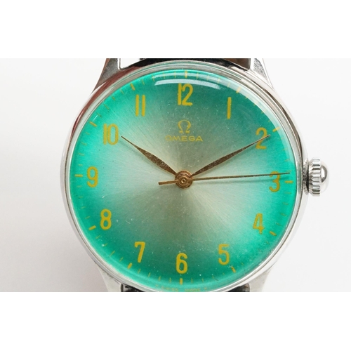 285 - Omega vintage wrist watch having a green dial with yellow arabic numerals to the chapter ring set wi... 