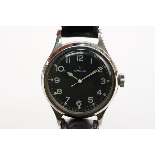 288 - Omega mid 20th Century RAF military wrist watch. The watch having a black face with white arabic num... 