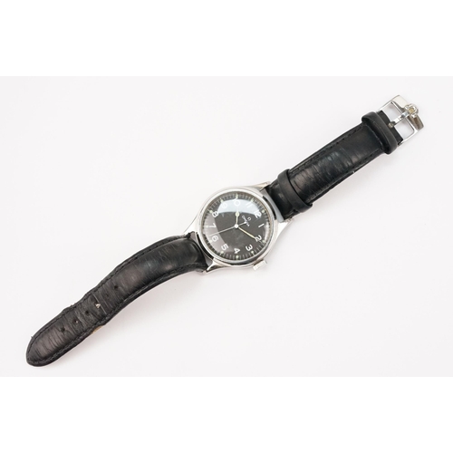 288 - Omega mid 20th Century RAF military wrist watch. The watch having a black face with white arabic num... 