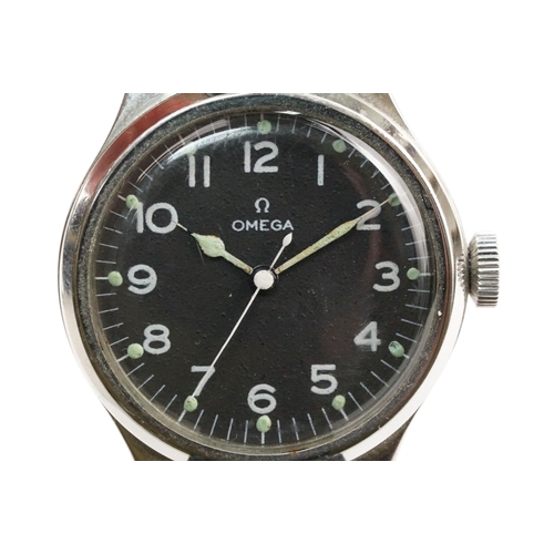 288 - Omega mid 20th Century RAF military wrist watch. The watch having a black face with white arabic num... 