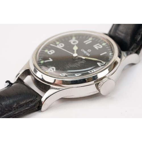 288 - Omega mid 20th Century RAF military wrist watch. The watch having a black face with white arabic num... 