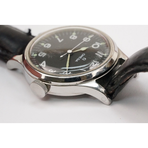 288 - Omega mid 20th Century RAF military wrist watch. The watch having a black face with white arabic num... 