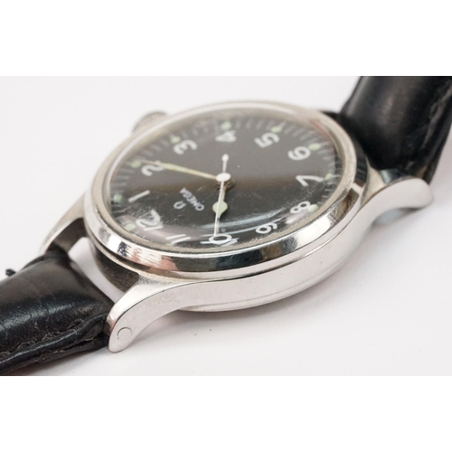 288 - Omega mid 20th Century RAF military wrist watch. The watch having a black face with white arabic num... 