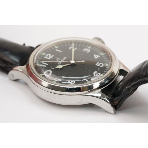 288 - Omega mid 20th Century RAF military wrist watch. The watch having a black face with white arabic num... 