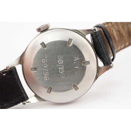 288 - Omega mid 20th Century RAF military wrist watch. The watch having a black face with white arabic num... 