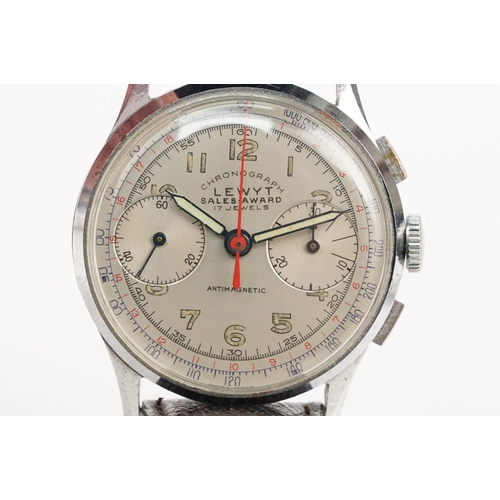 297 - 1940s Lewyt sales award chronograph wrist watch having a silvered dial with two subsidiary dials to ... 